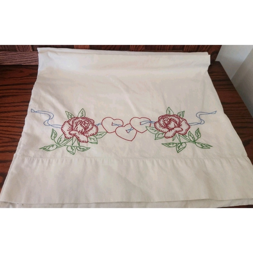 Set Of Two Vintage Heart Floral‎ Embroidered Pillowcases